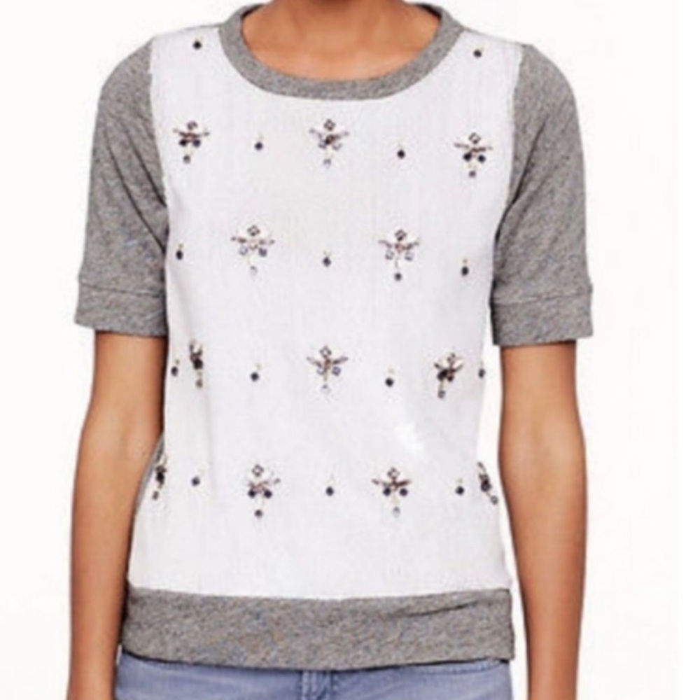 J. Crew Sequin and Beaded Short Sleeve Sweat Shirt T-Shirt - White and Gray.